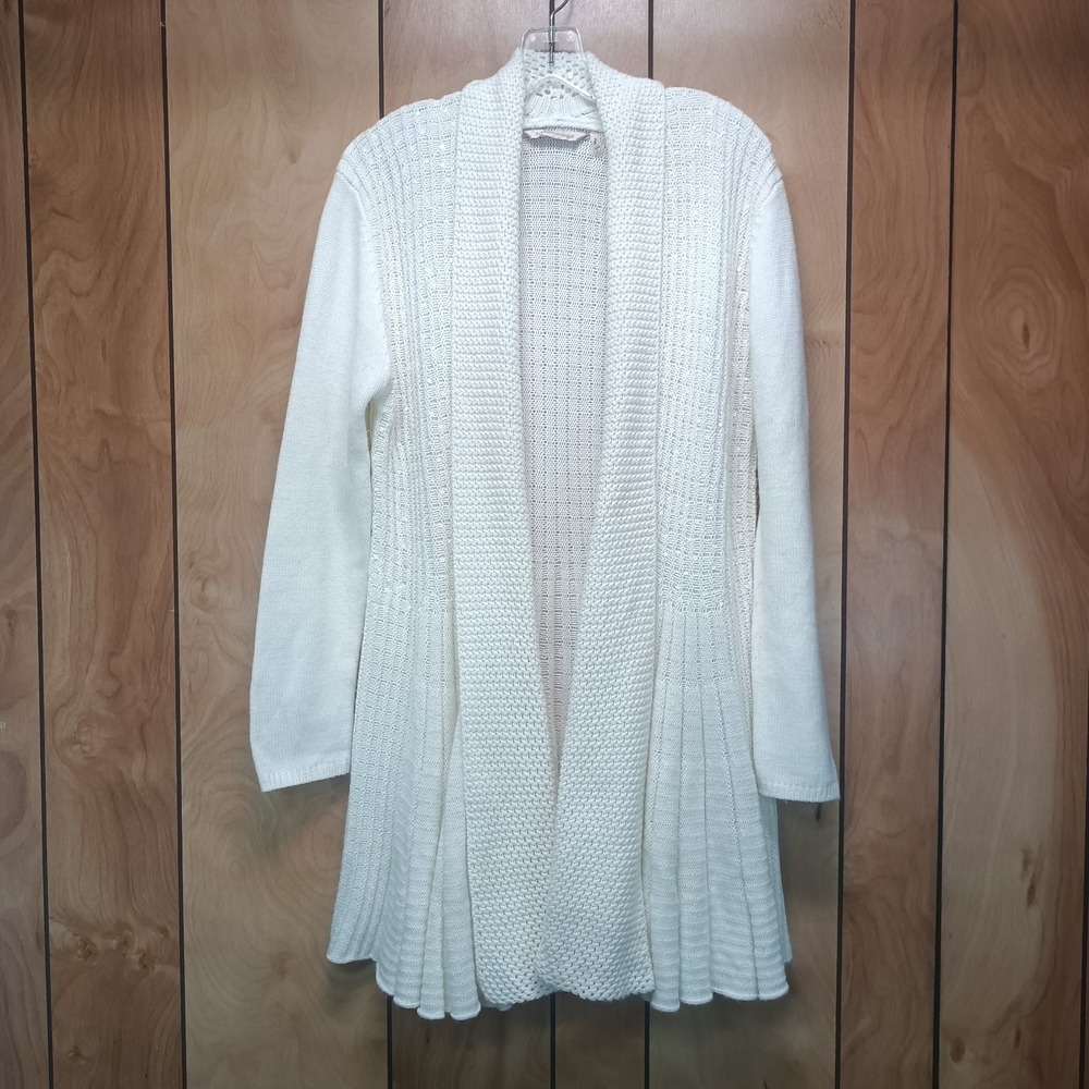 Soft Surroundings Suzette Cream Sequin Waterfall Open Sweater Cardigan Women's M